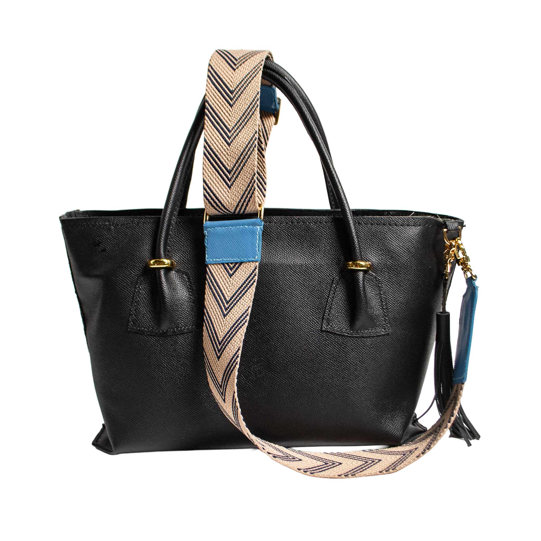Celestial Chevron interchangeable bag strap with neutral and navy chevron webbing, Celestial Blue leather ends, and gold-tone hardware (strap only)