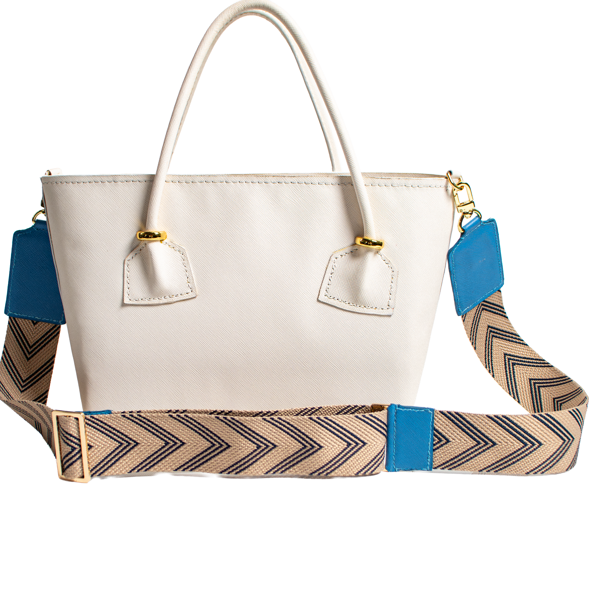 Celestial Chevron Interchangeable Bag Strap, 2-inch wide adjustable strap with neutral and navy chevron weave and Celestial Blue leather ends