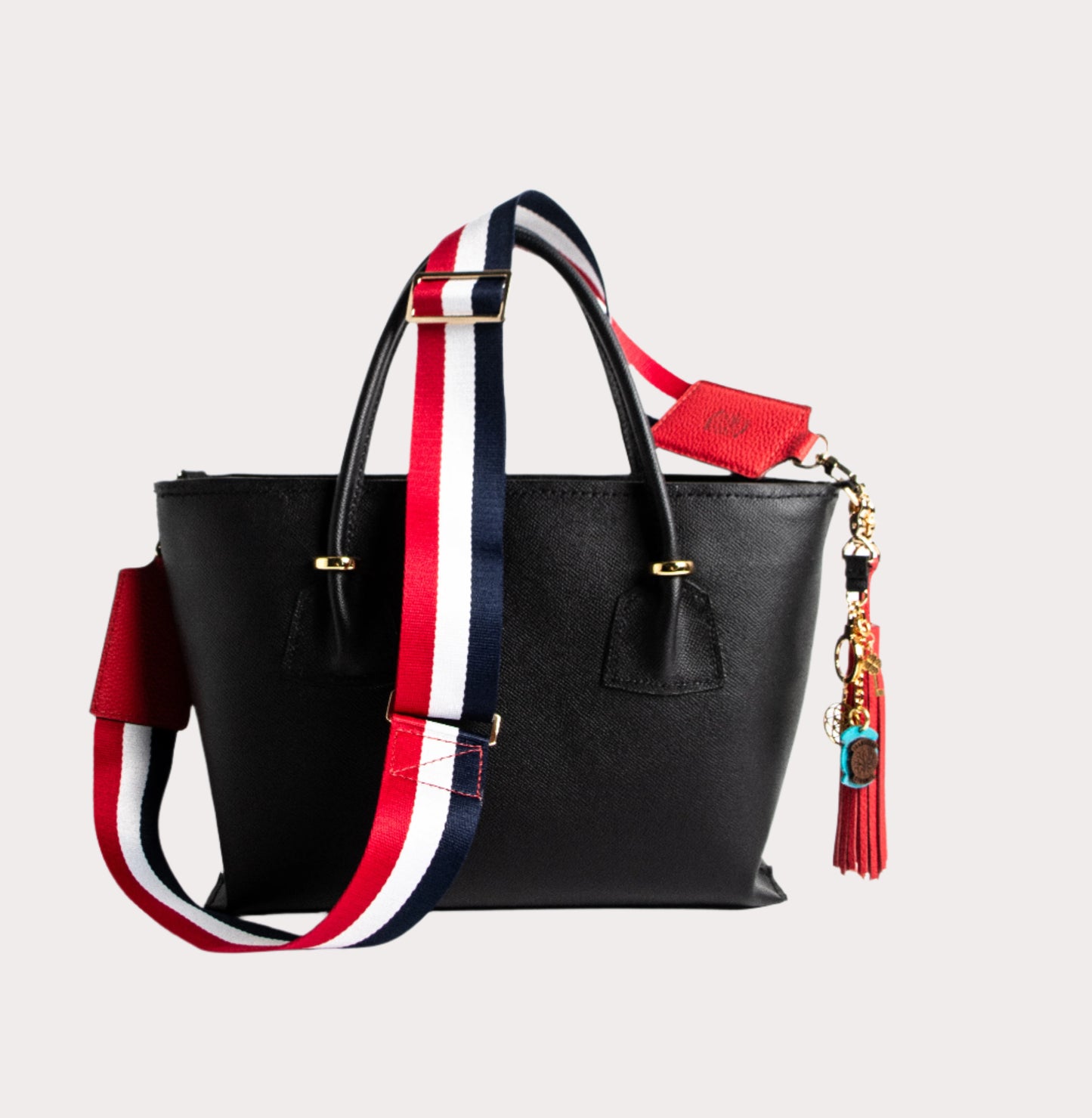 red white and blue adjustable handbag strap
2 inch wide leather handbag strap with gold hardware