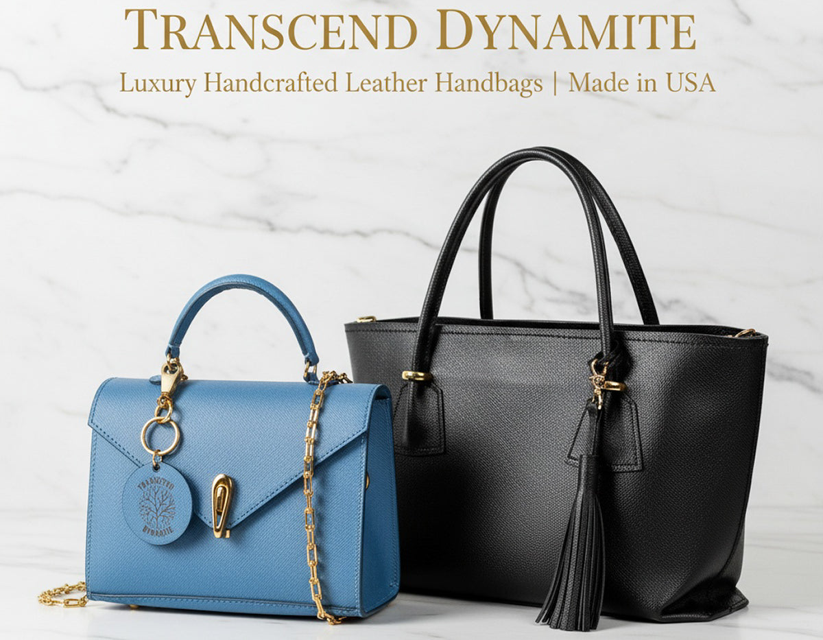 Luxury handbags collection banner featuring Luna Mini celestial blue and Atelier black tote handcrafted in USA