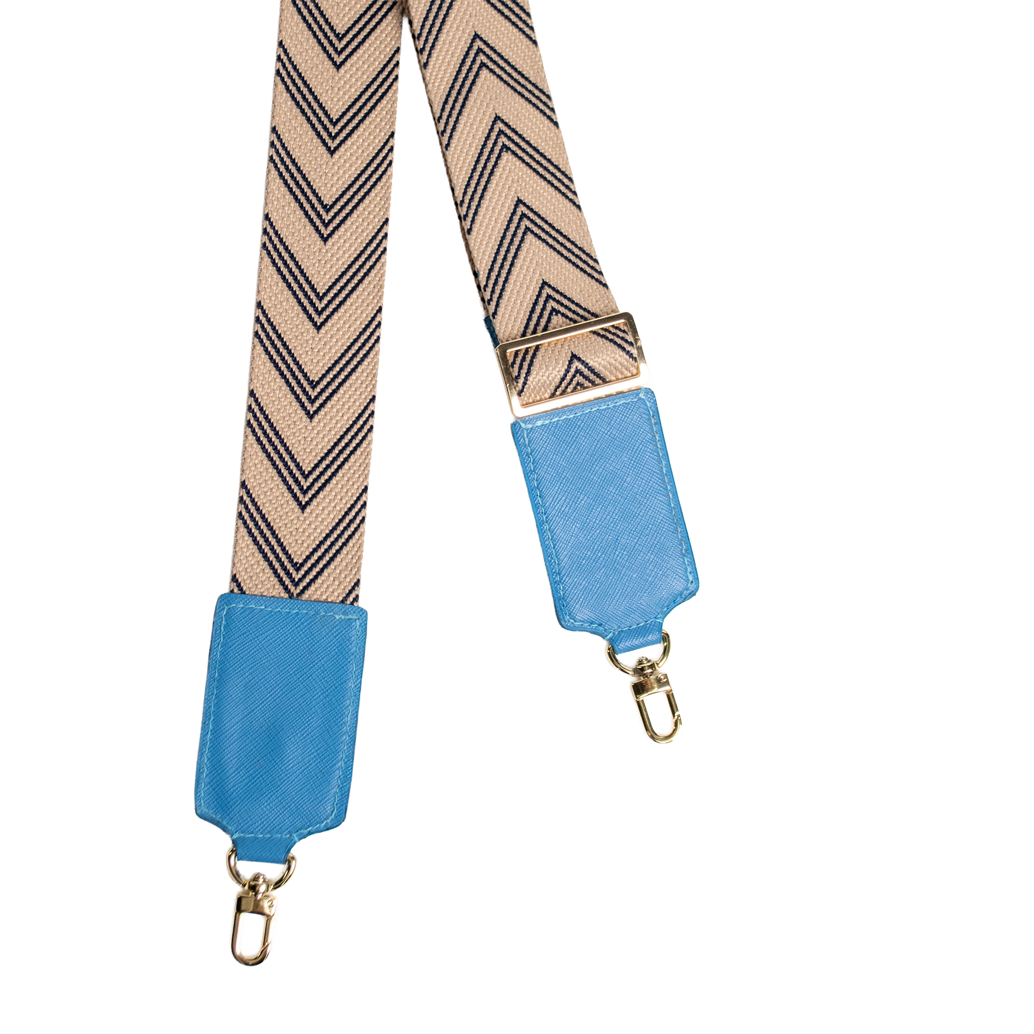 Close-up of Celestial Chevron strap showing neutral + navy chevron webbing, Celestial Blue leather tabs, and gold-tone swivel clips (strap only)