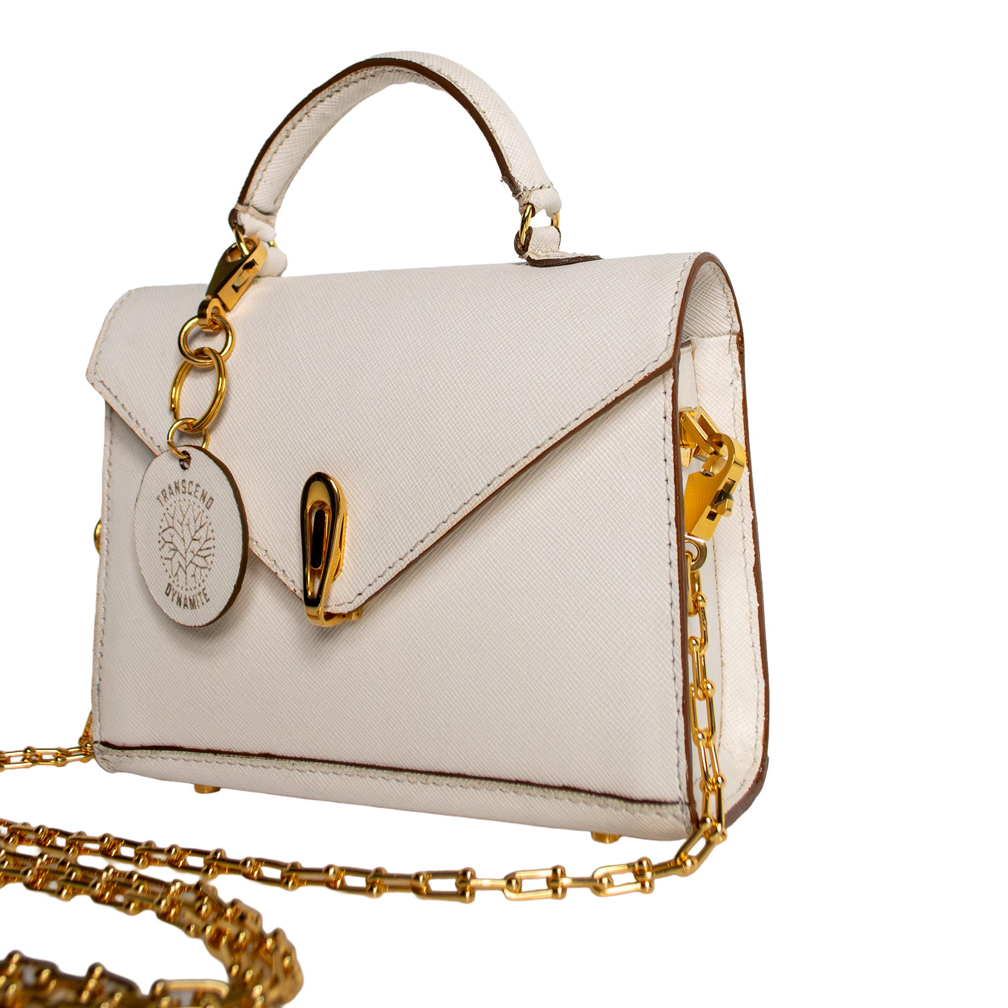White handbag with gold chain and handle on a white background